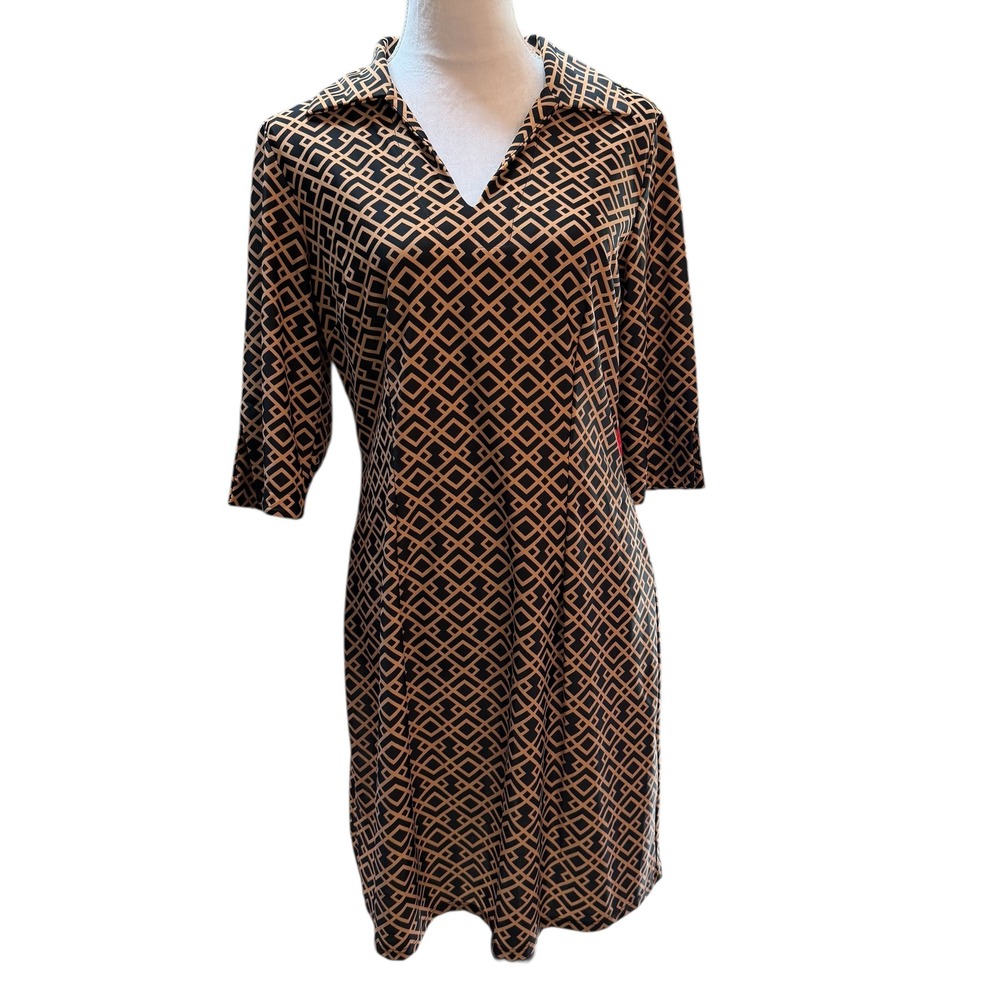 Jude Connally Geometric Diamond Print V-Neck 3/4 Sleeve Dress Tan Black M 101112